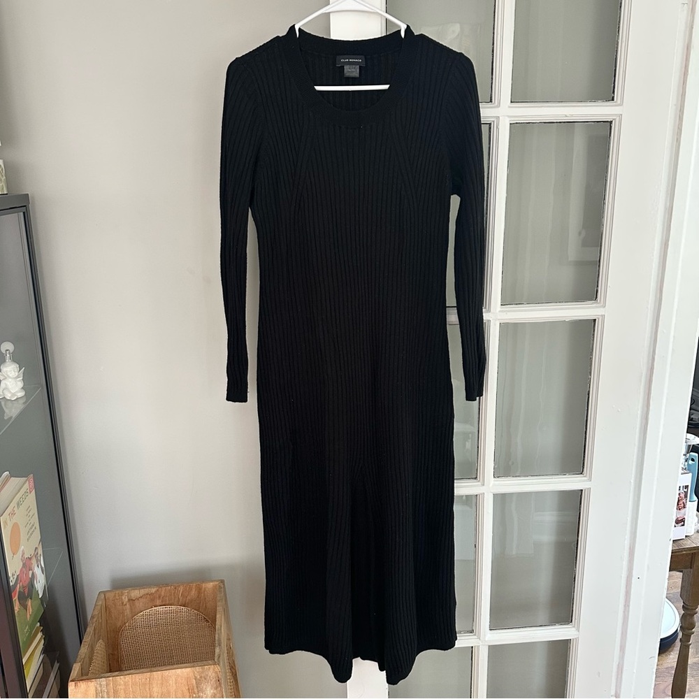 Club Monaco Elegant Black Ribbed Knit Dress, Size XL, 100% wool